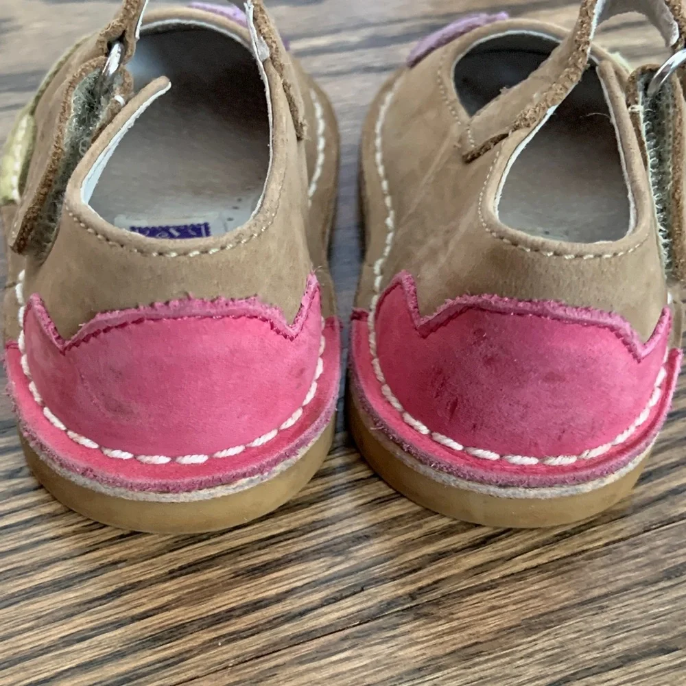 L’Amour Children's Tan Suede Mary Jane Shoes with Purple & Yellow Flowers